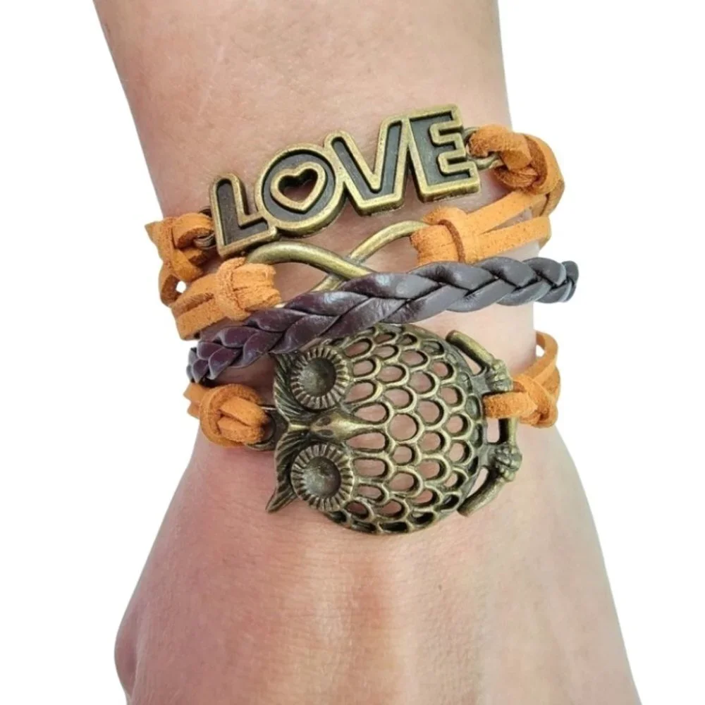 3/$20 Infinity Love Owl Charm Stack Bracelet Tan Brown Adjustable Jewelry Boho